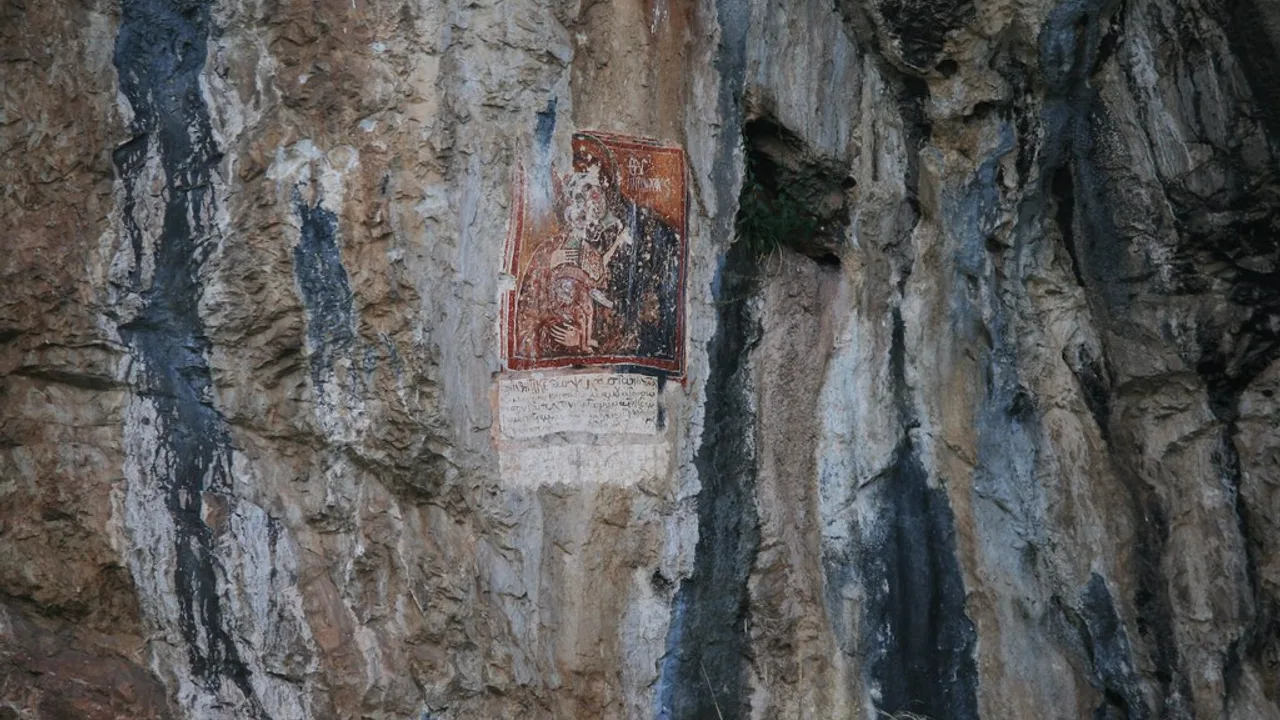 A Byzantine rock-painted icon on the cliffs above Lake Prespa