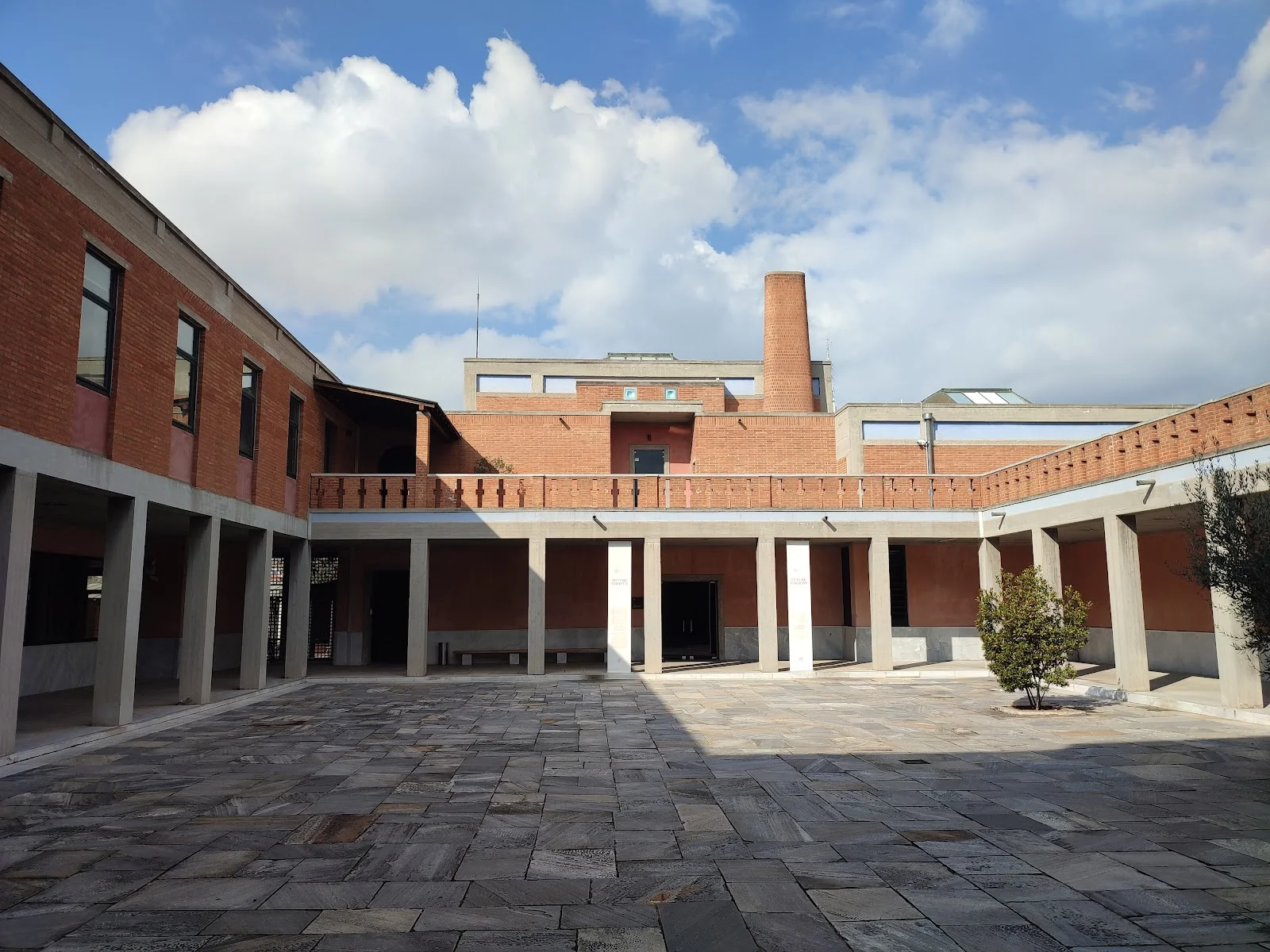 The brick exterior and colonnaded courtyard of the Museum of Byzantine Culture, Thessaloniki
