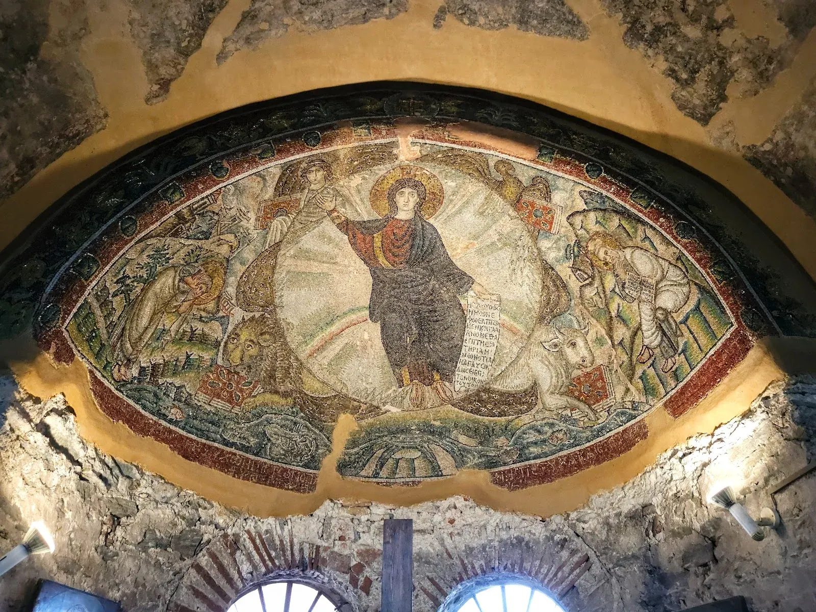 The late-5th-century apse mosaic of the Vision of Ezekiel — a youthful Christ in a mandorla — at Osios David (Latomou Monastery), Thessaloniki