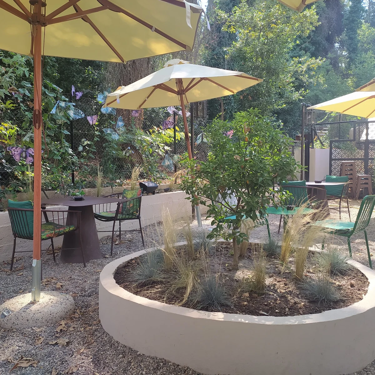 Cream umbrellas, green chairs and a planted tree on the wooded garden terrace of Hibou bar by the Seih Sou forest above Thessaloniki