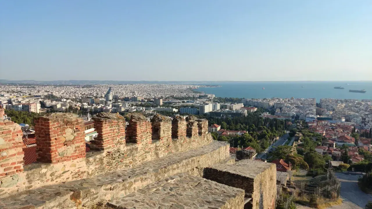 The Byzantine walls of Ano Poli looking out over the rooftops of Thessaloniki to the Thermaic Gulf