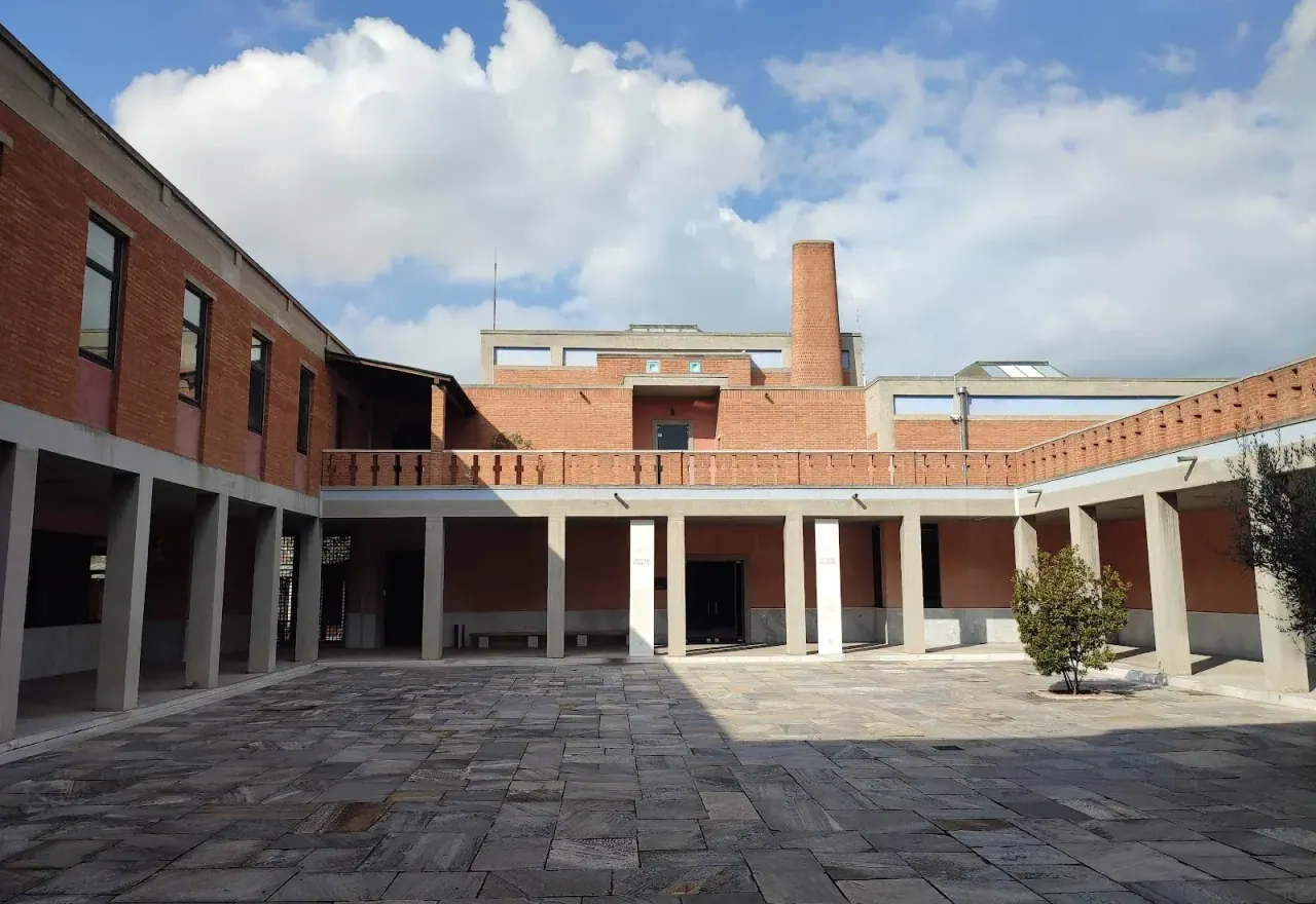 The red-brick courtyard and colonnade of the award-winning Museum of Byzantine Culture in Thessaloniki