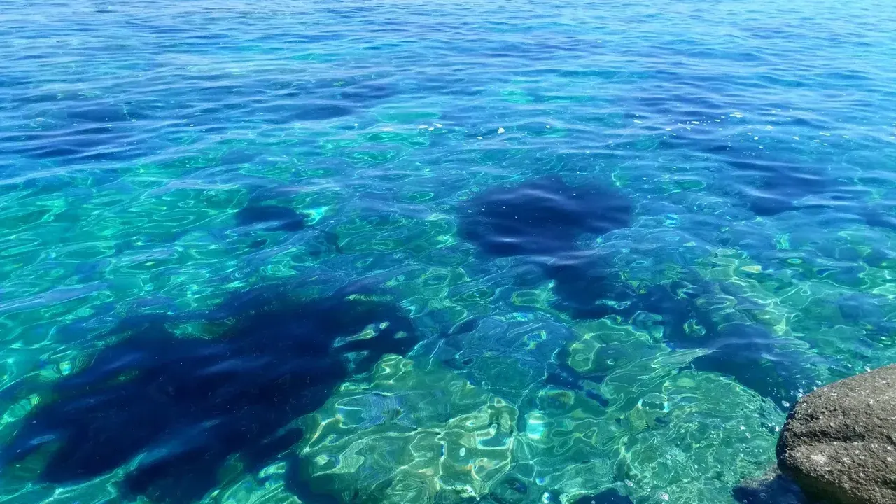Crystal-clear turquoise water over pale rocks on a Sithonia beach in Halkidiki, near Thessaloniki