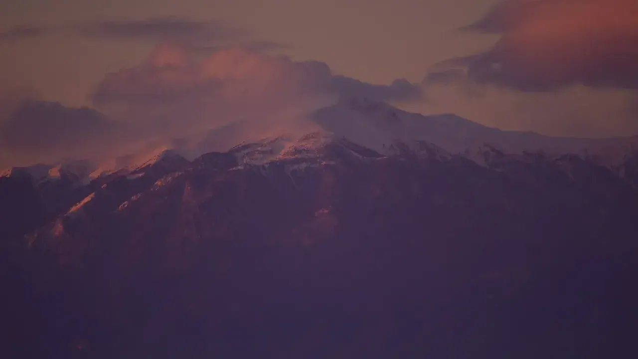 Snow-covered mountain peaks lit by warm sunset light with pine trees in the foreground, northern Greece