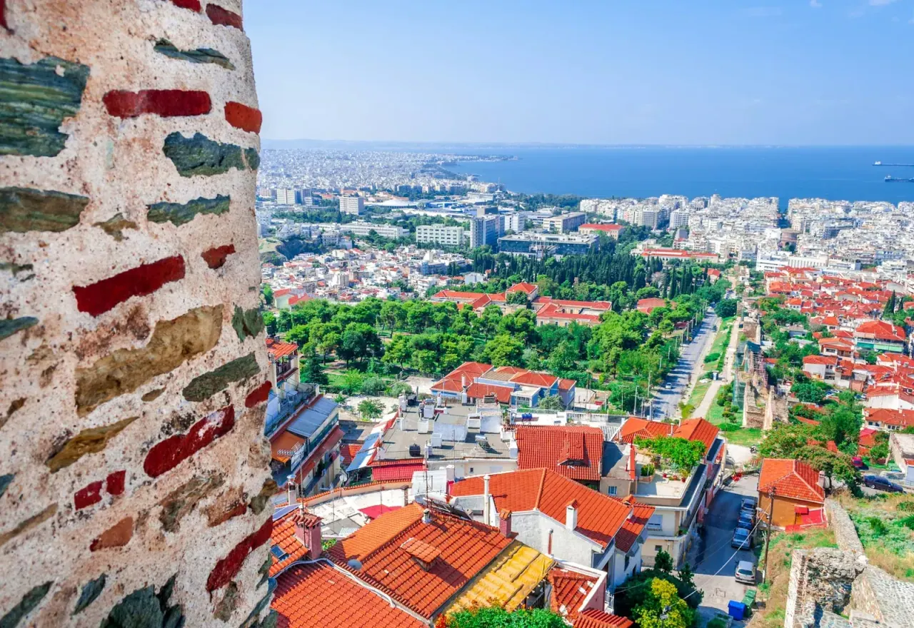 The view over Thessaloniki's rooftops to the Thermaic Gulf from the Ano Poli walls