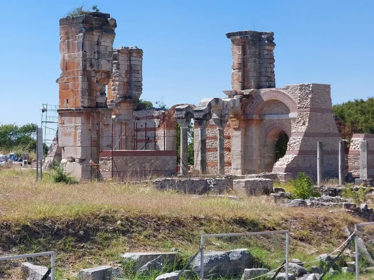 The towering red-brick ruins of Basilica B at UNESCO-listed Philippi