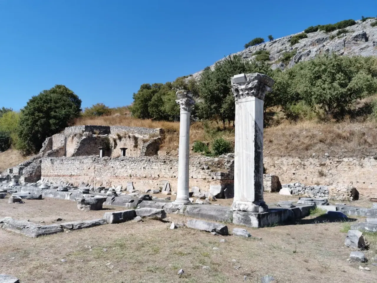 Standing marble columns among the excavated ruins of ancient Philippi