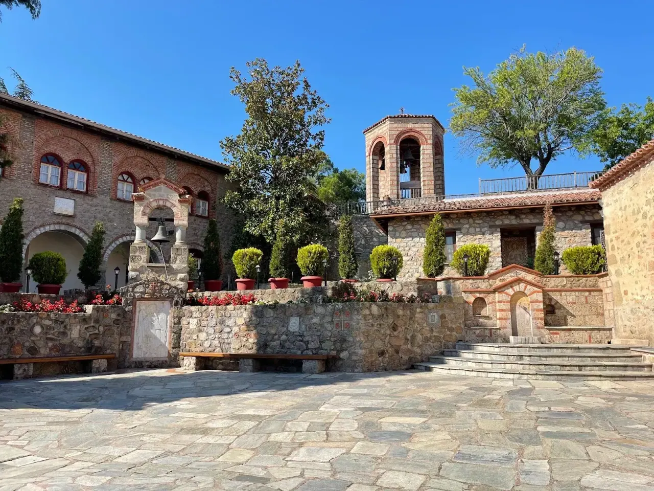 The stone courtyard and chapel inside one of the Meteora monasteries