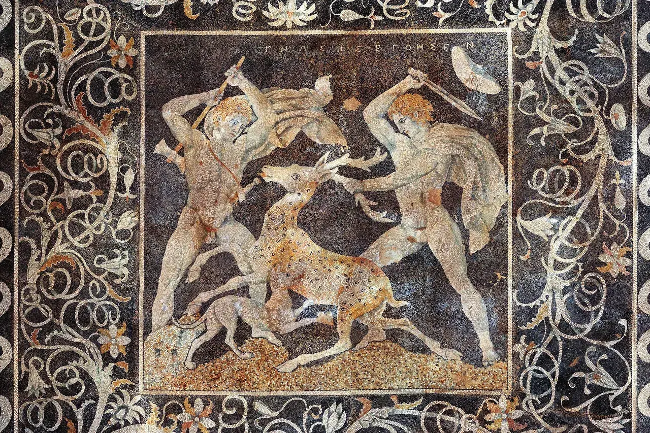 The Stag Hunt pebble mosaic from ancient Pella, signed by the artist Gnosis