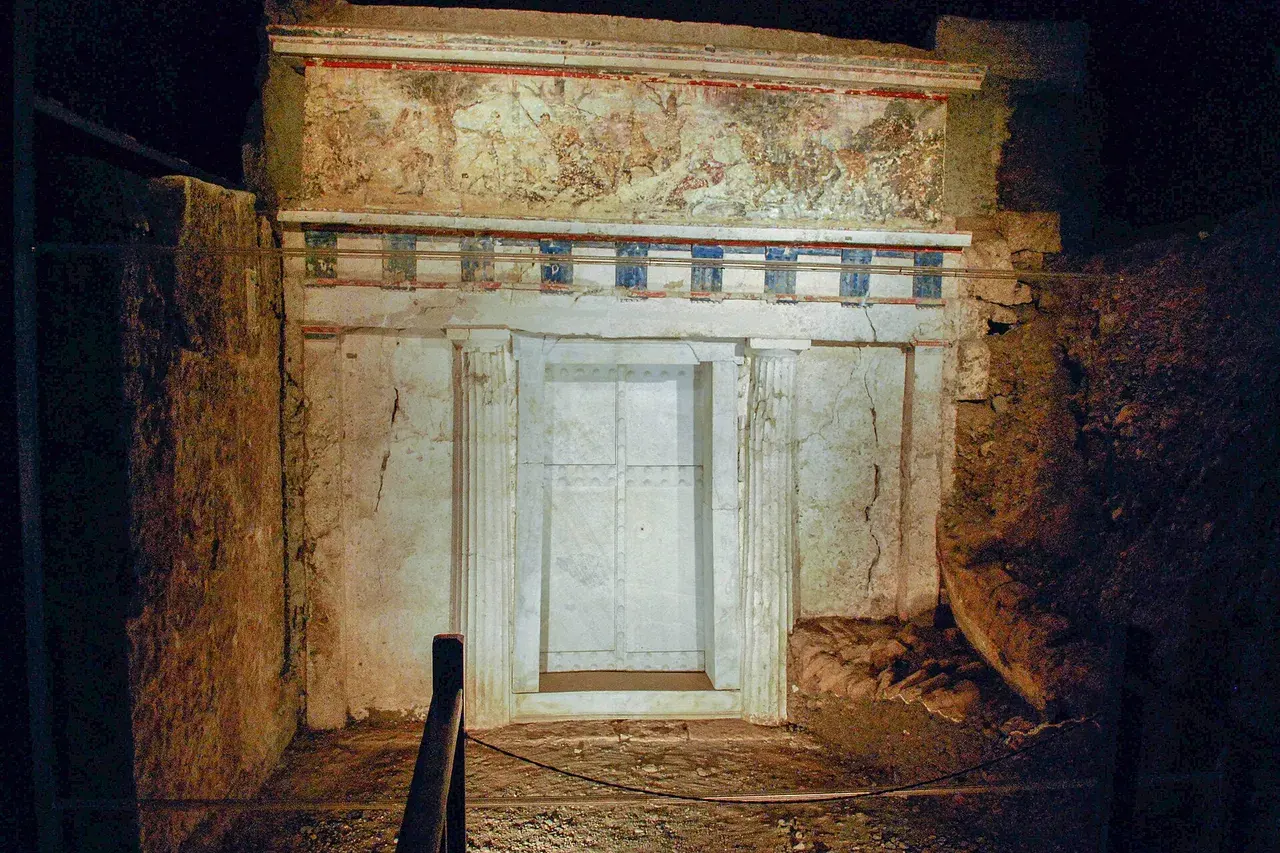 The painted marble facade of the tomb of Philip II at Vergina