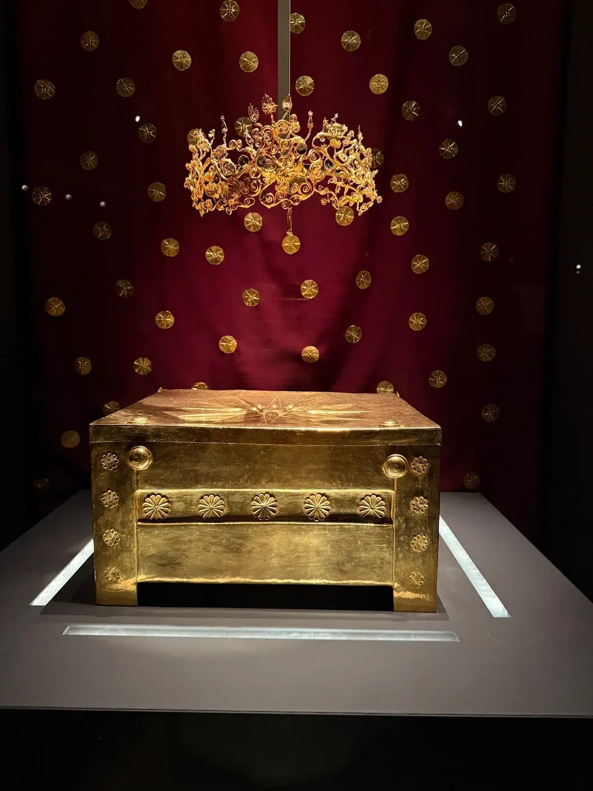 The golden larnax burial casket bearing the Vergina Sun, from the tomb of Philip II