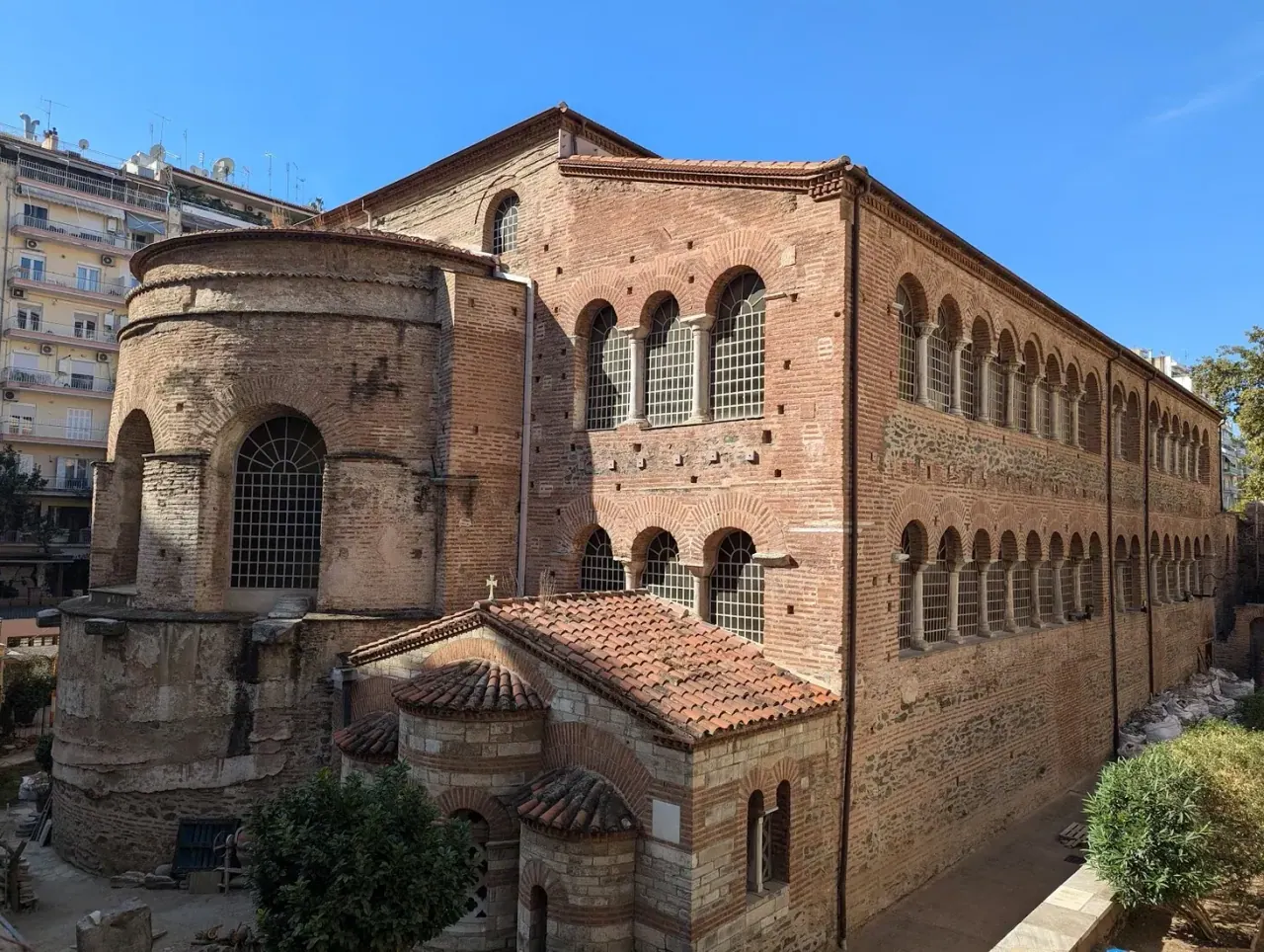 The long brick exterior and apse of the 5th-century Acheiropoietos basilica, Thessaloniki