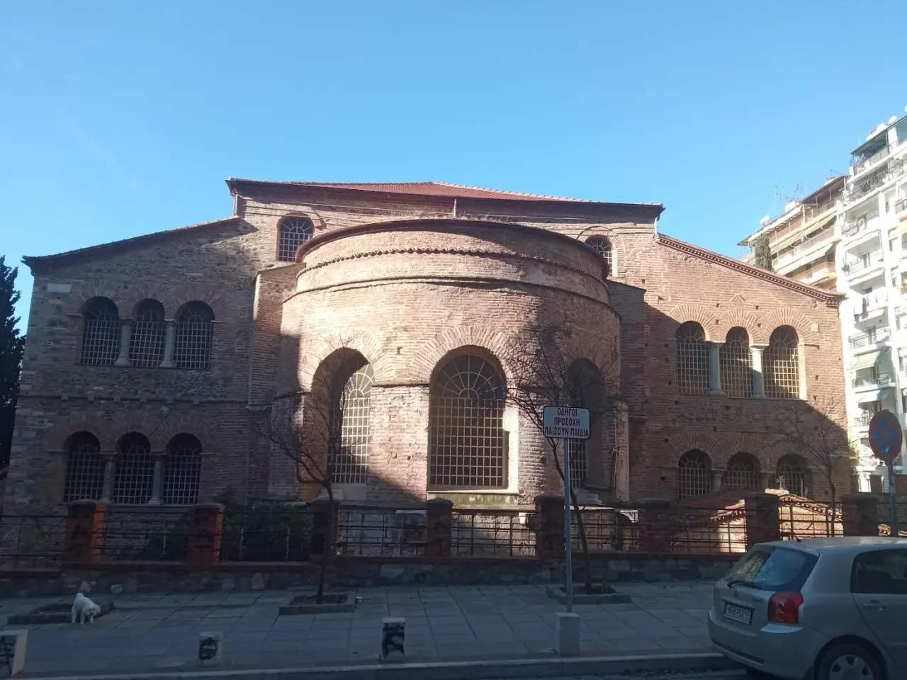The rounded apse of the Acheiropoietos early-Christian basilica seen from the street, Thessaloniki