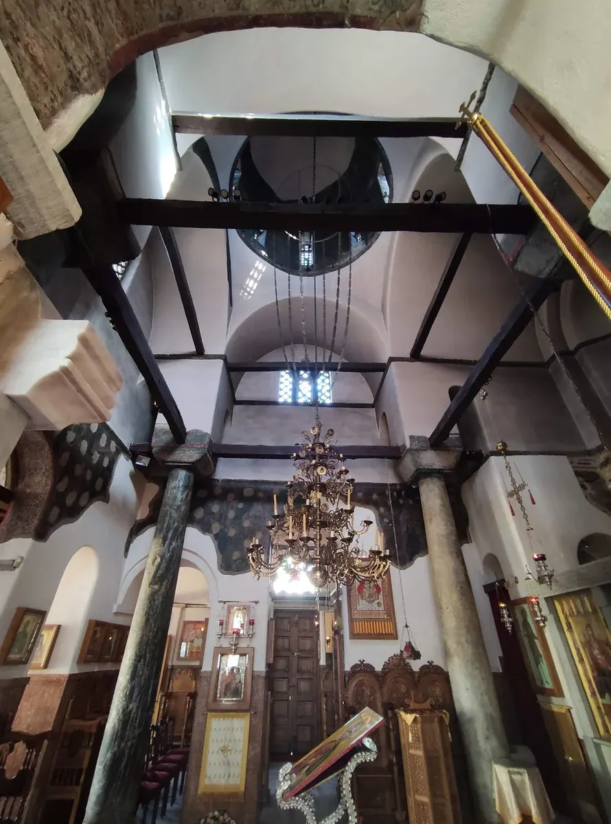 Looking up into the dome and cross-in-square vaulting of Agia Aikaterini, Thessaloniki