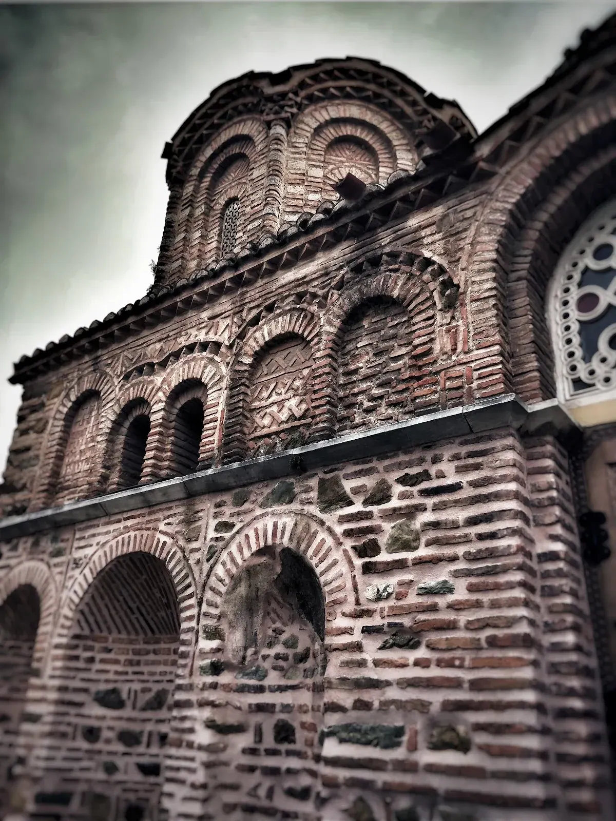 The decorative patterned brickwork on the apse of the Byzantine church of Agia Aikaterini, Thessaloniki