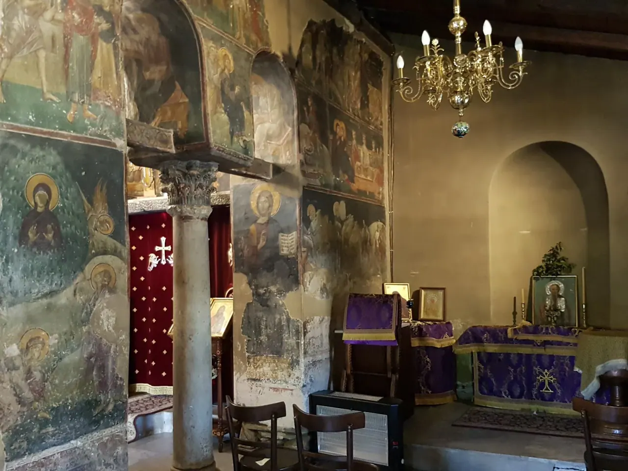 Painted Byzantine wall frescoes covering the interior of Agios Nikolaos Orfanos, Thessaloniki