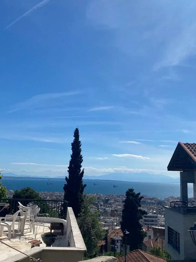 The view over Thessaloniki and the Thermaic Gulf from a terrace in Ano Poli