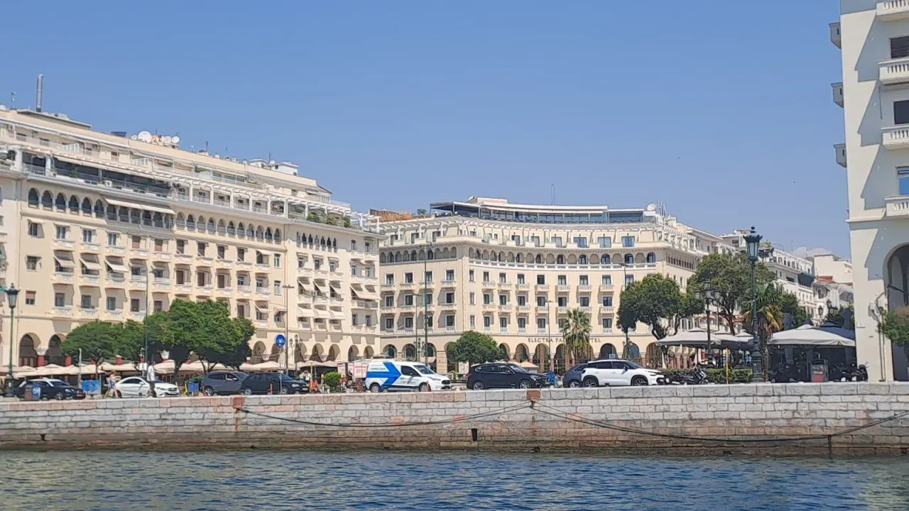 The grand arcaded neoclassical buildings lining Aristotelous Square