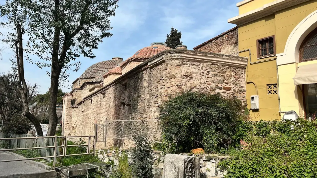 The multi-domed brick roofline of the Byzantine Bath seen from the side, Ano Poli, Thessaloniki