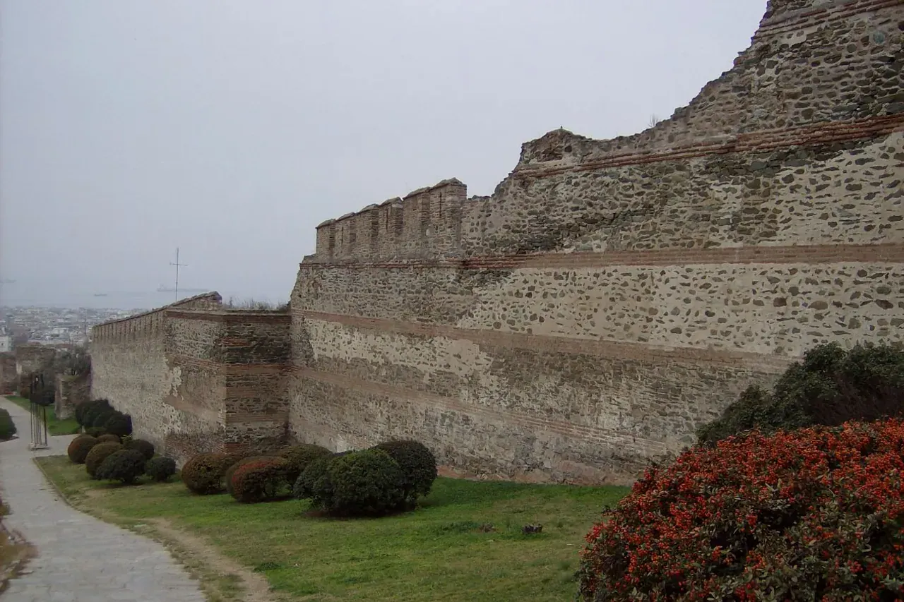 The Byzantine land walls of Thessaloniki running along the Upper Town