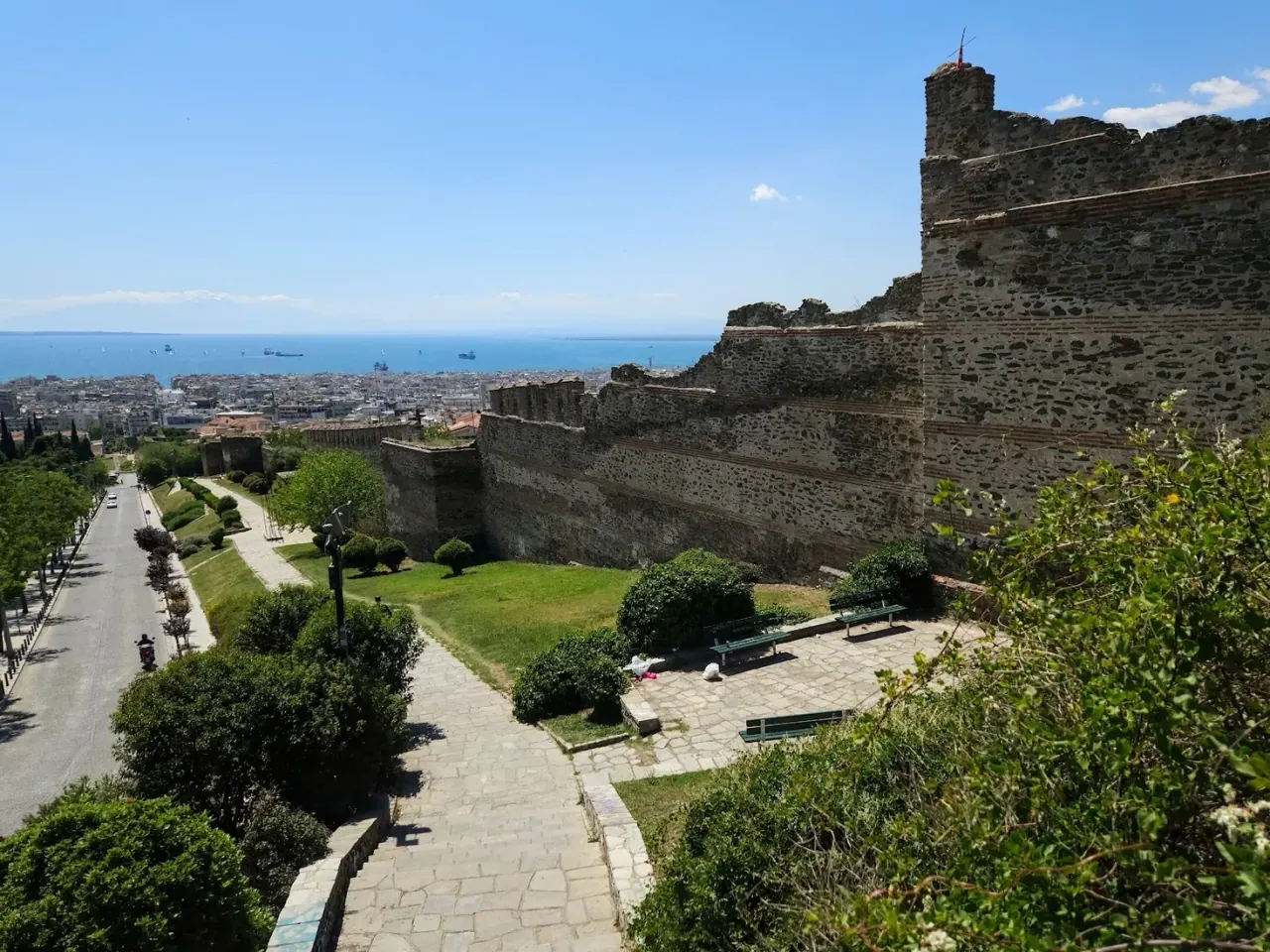 The Byzantine walls descending toward the Thermaic Gulf, with the city and sea beyond, Thessaloniki