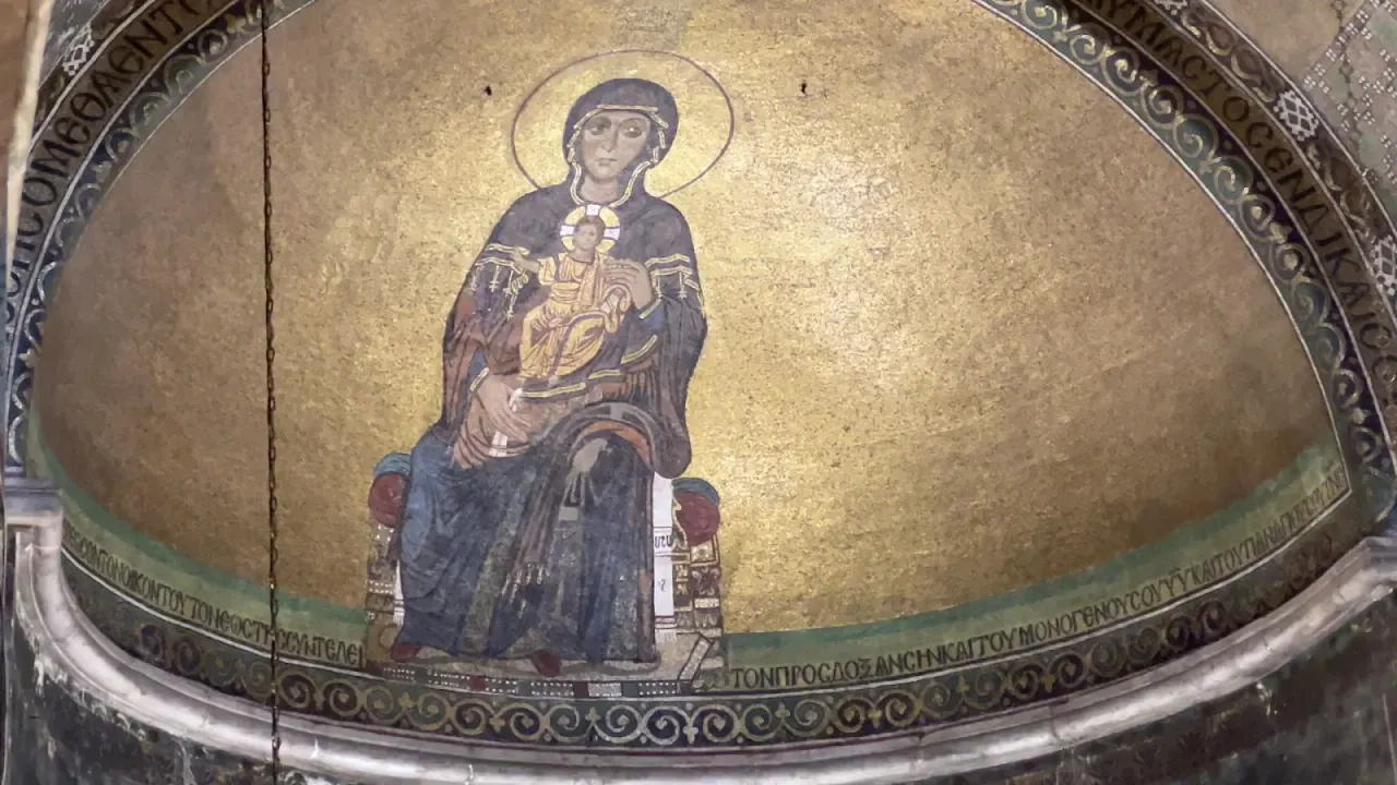 The 12th-century apse mosaic of the enthroned Virgin and Child on a gold ground in Hagia Sophia, Thessaloniki