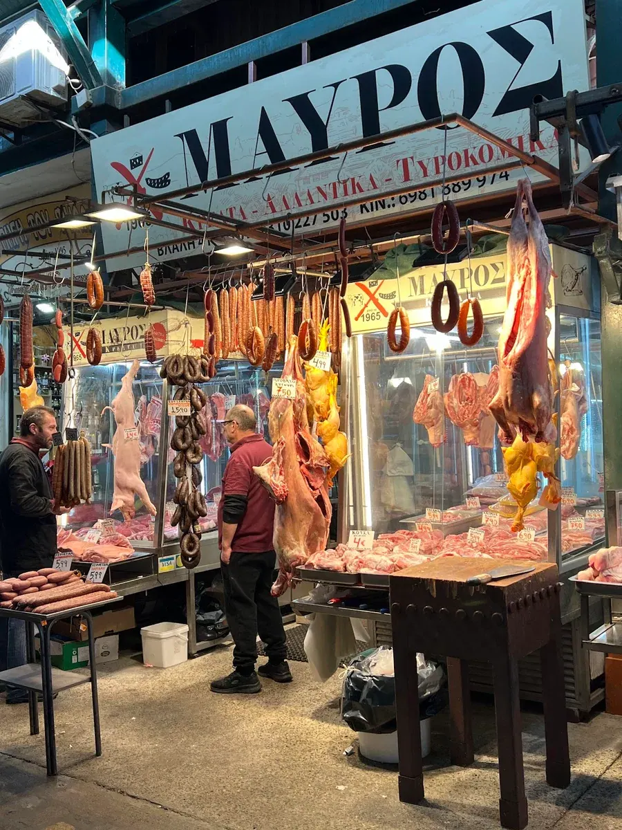 A butcher's stall hung with meat in the Kapani market, Thessaloniki