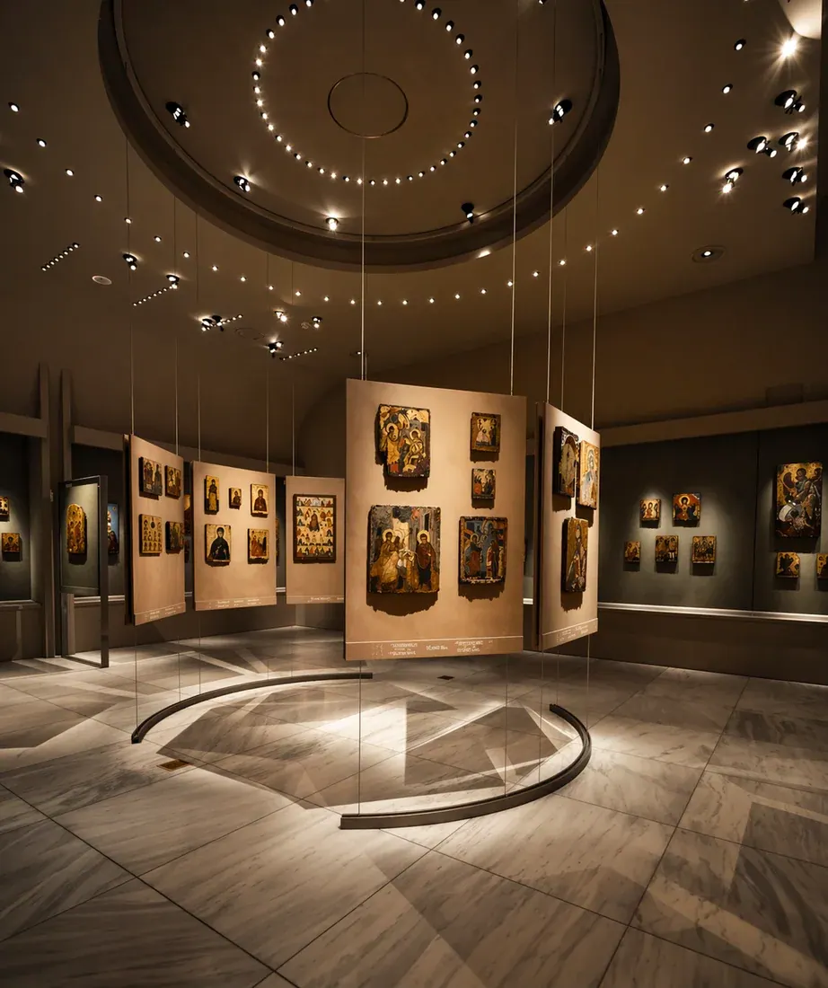 Byzantine icons displayed under dramatic lighting in a circular hall of the Museum of Byzantine Culture, Thessaloniki