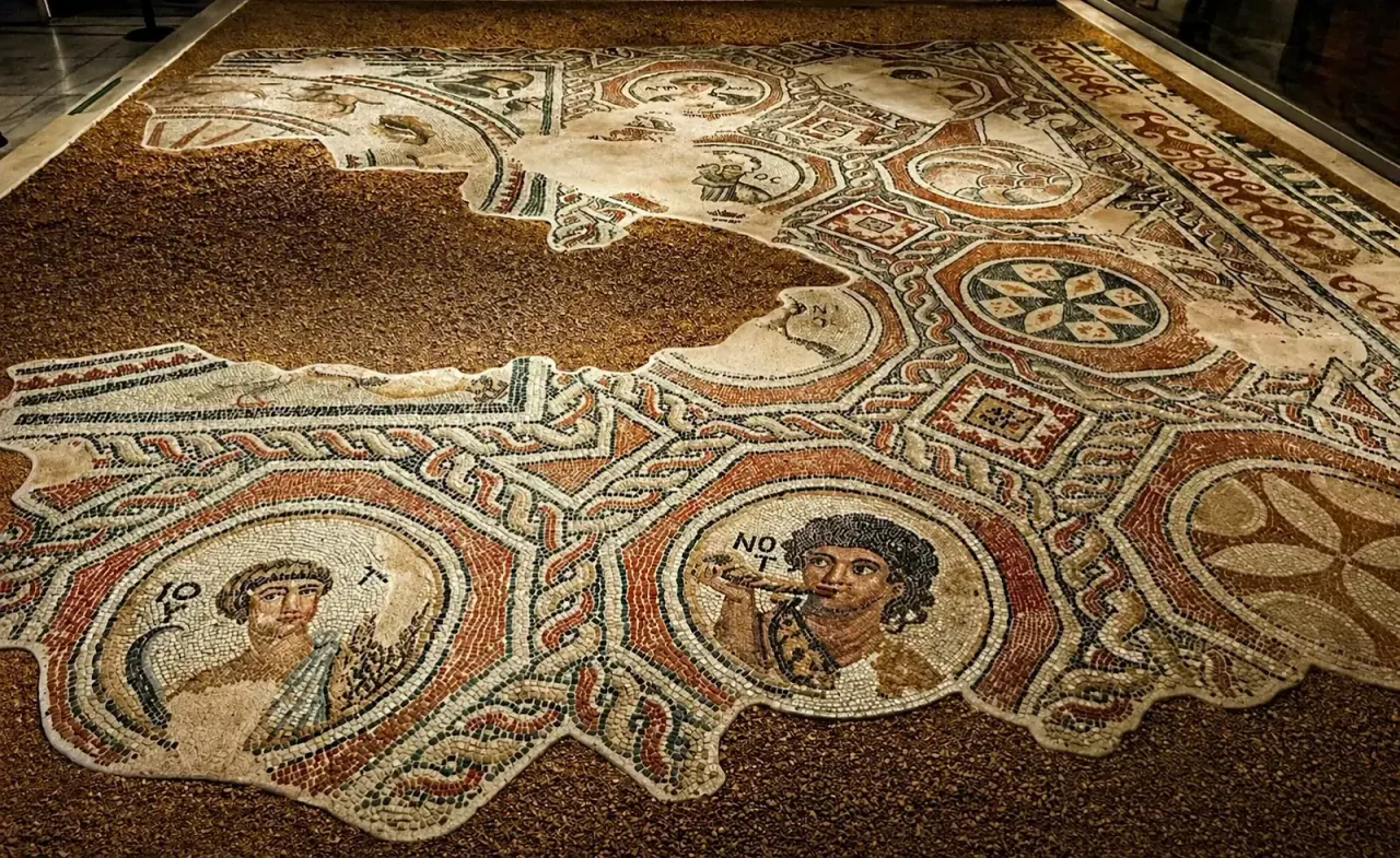 An early-Christian floor mosaic displayed in the Museum of Byzantine Culture, Thessaloniki