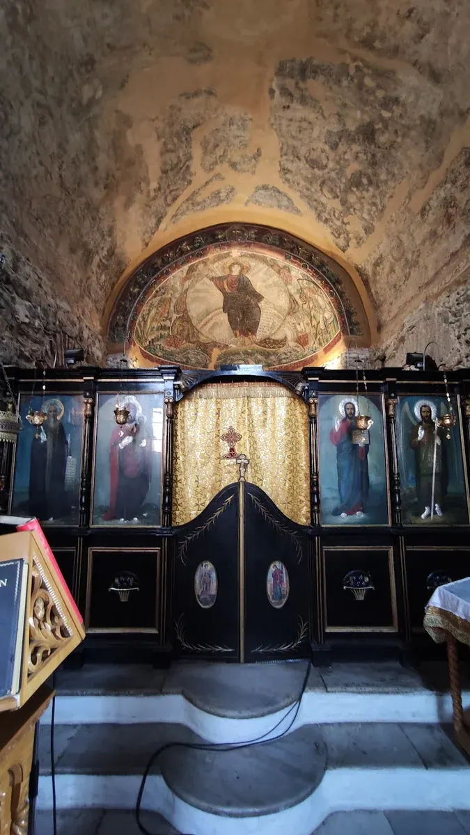 The intimate interior of Osios David with its early-Christian apse mosaic above the icon screen, Thessaloniki