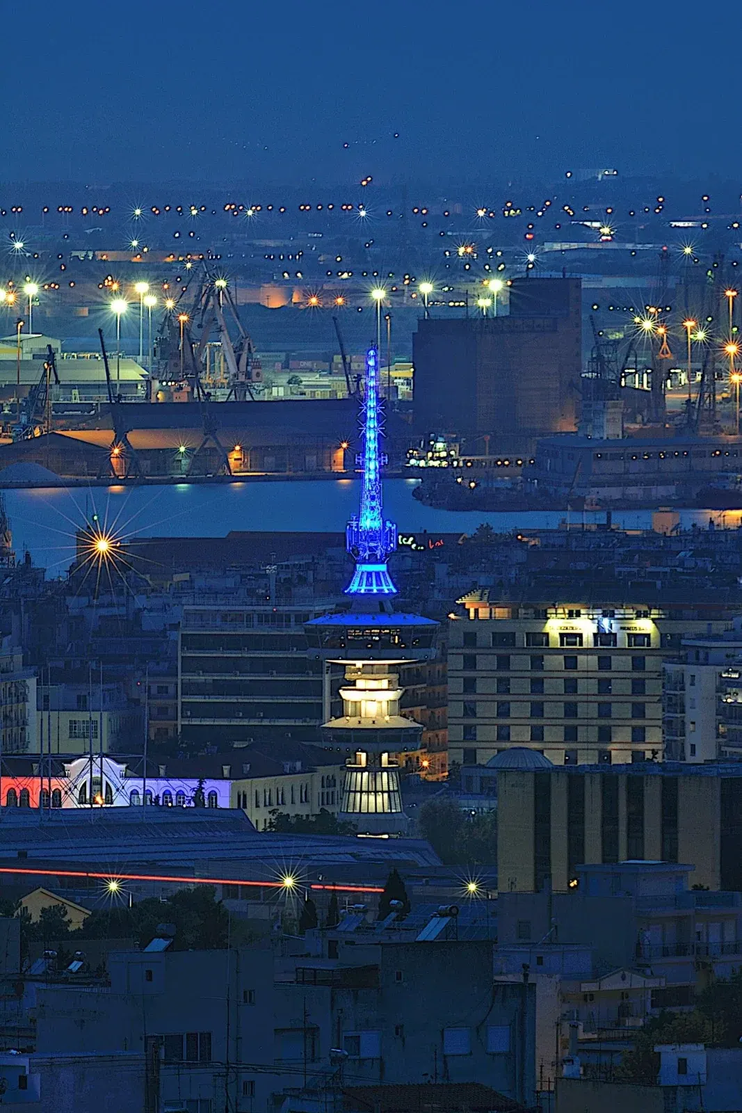 The city lights and Thermaic Gulf at dusk seen from the OTE Tower, Thessaloniki