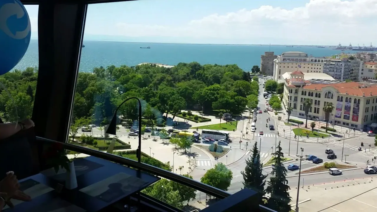 The view out over the city through the windows of the OTE Tower's revolving cafe