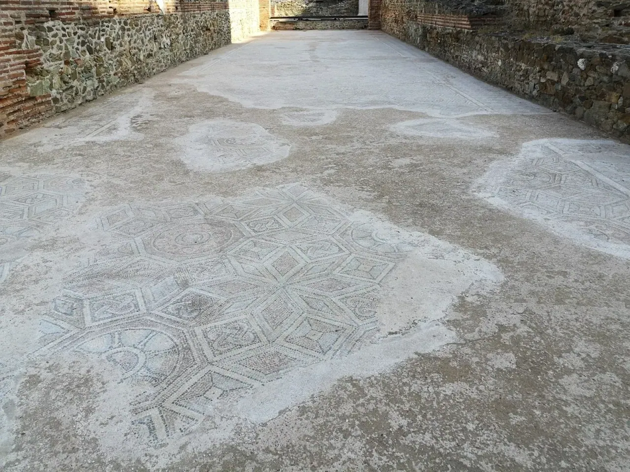 A surviving mosaic floor among the excavated ruins of the Palace of Galerius, Thessaloniki