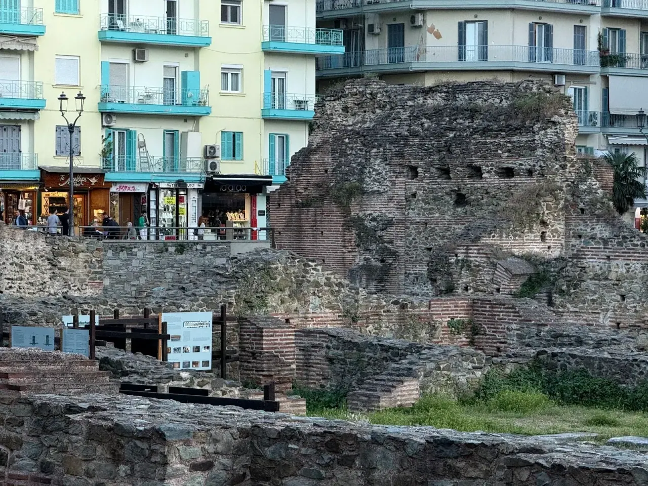 The brick octagonal hall ruins of the Palace of Galerius below the modern city, Thessaloniki