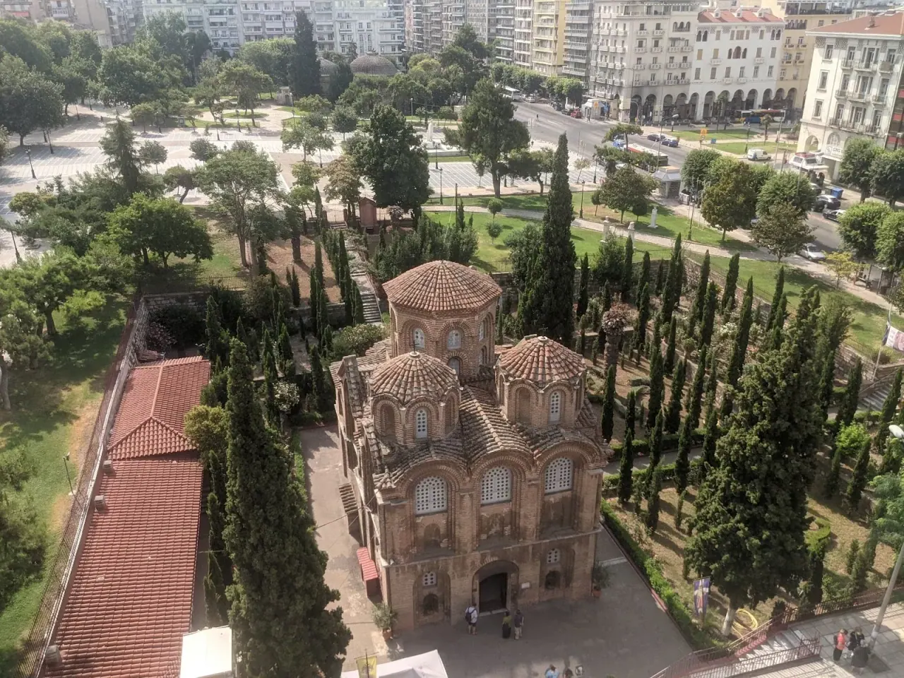Aerial view of Panagia Chalkeon and its garden plaza near the Roman Forum in central Thessaloniki