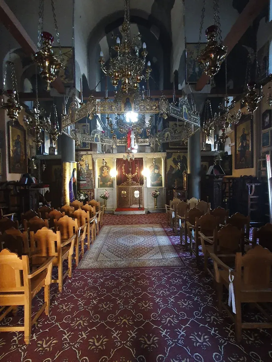 The interior of Panagia Chalkeon looking toward the icon screen beneath its brick dome, Thessaloniki