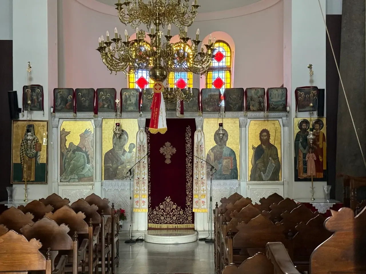 The gilded icon screen and frescoed interior of the church of Profitis Ilias, Thessaloniki