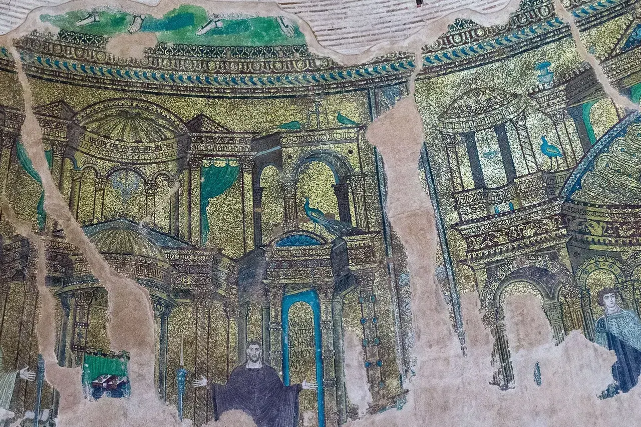 Golden Byzantine mosaics in the dome of the Rotunda of Thessaloniki