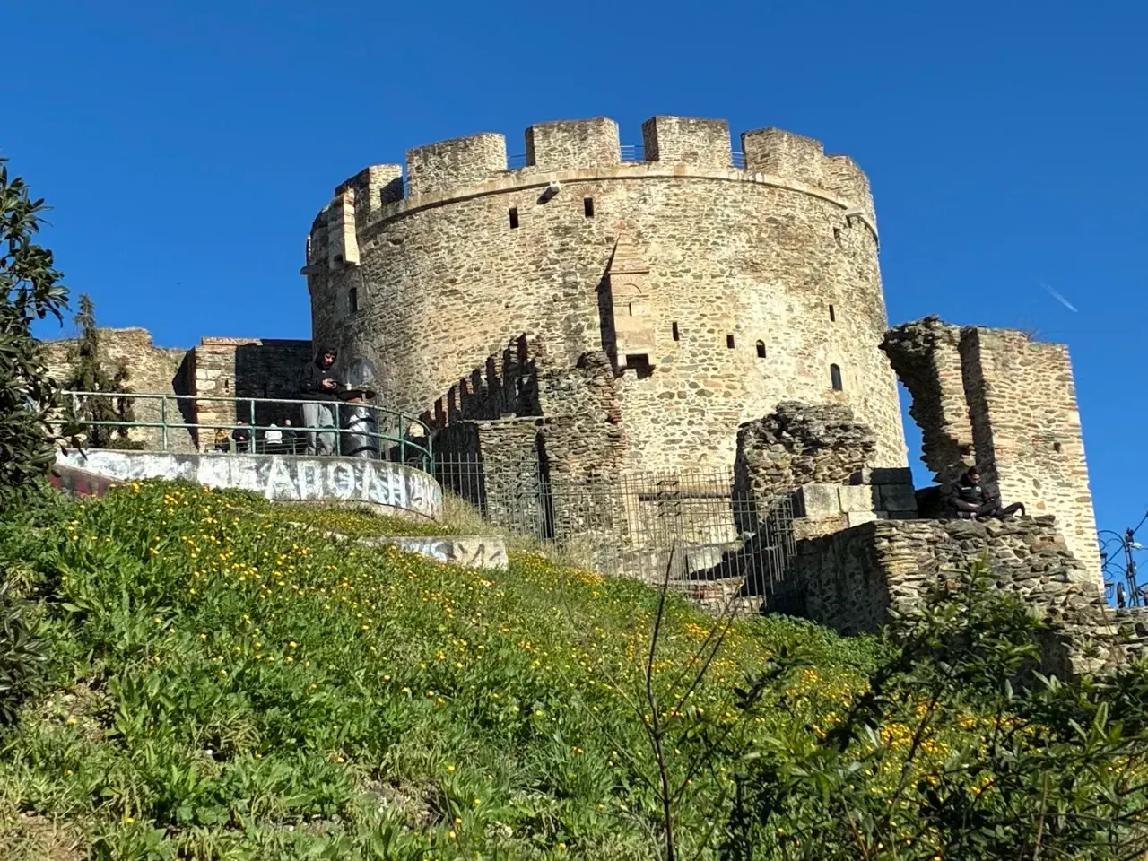 The round crenellated Trigonion Tower at the northeast corner of the Byzantine walls, Thessaloniki