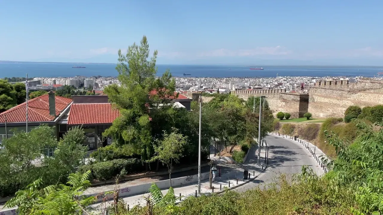 The panoramic view over the city rooftops to the Thermaic Gulf from the walls by the Trigonion Tower