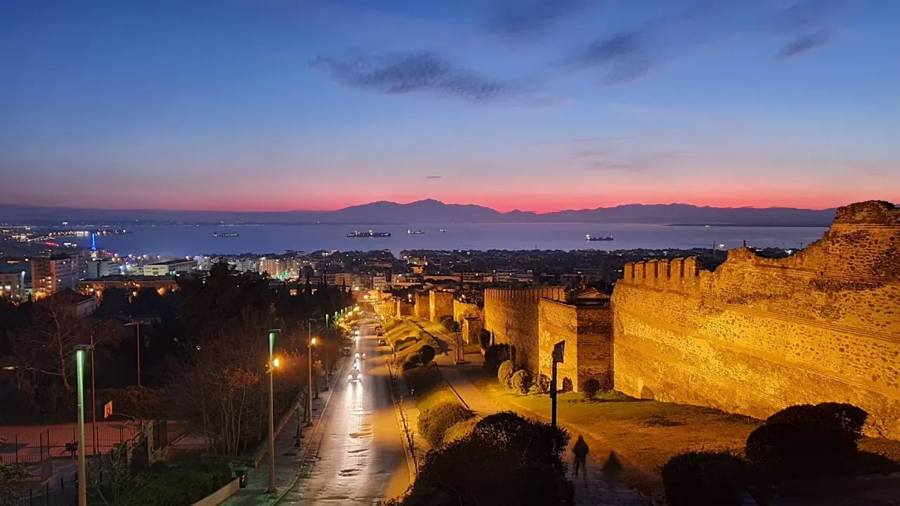 Sunset over Thessaloniki seen from the Byzantine walls at the Trigonion Tower