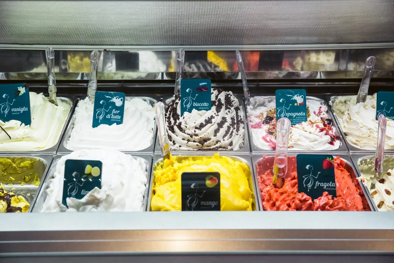 A display case of colourful gelato flavours at Bombolo on Mitropoleos, Thessaloniki