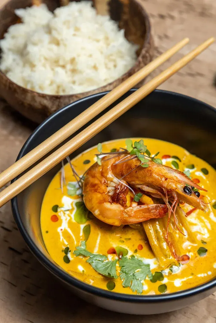 A bowl of coconut prawn curry topped with a grilled prawn and microgreens, with a side of rice and chopsticks, at Ikigai, Thessaloniki