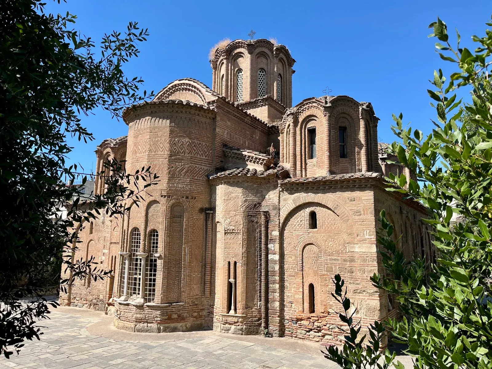 The intricate decorative brickwork and five domes of the Church of the Holy Apostles, Thessaloniki