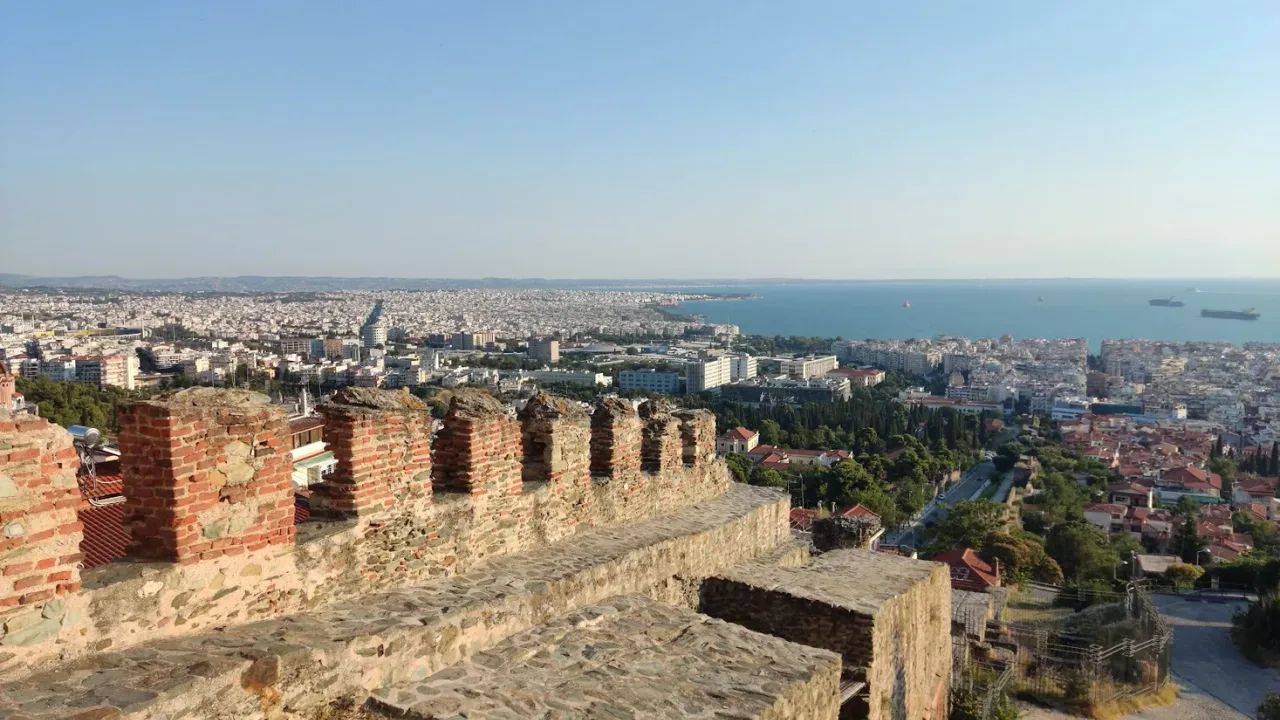 The Byzantine walls of Ano Poli looking out over the rooftops of Thessaloniki to the Thermaic Gulf