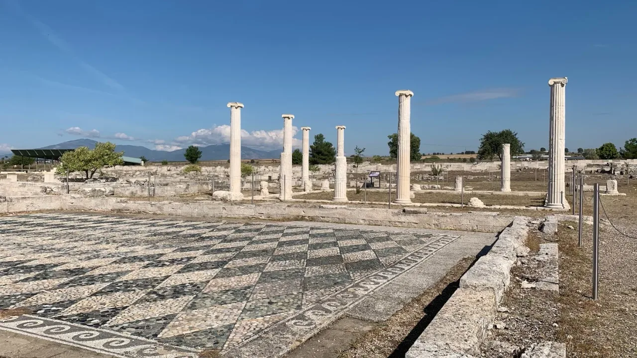 Standing columns and an ancient pebble mosaic floor at the archaeological site of Pella, near Thessaloniki