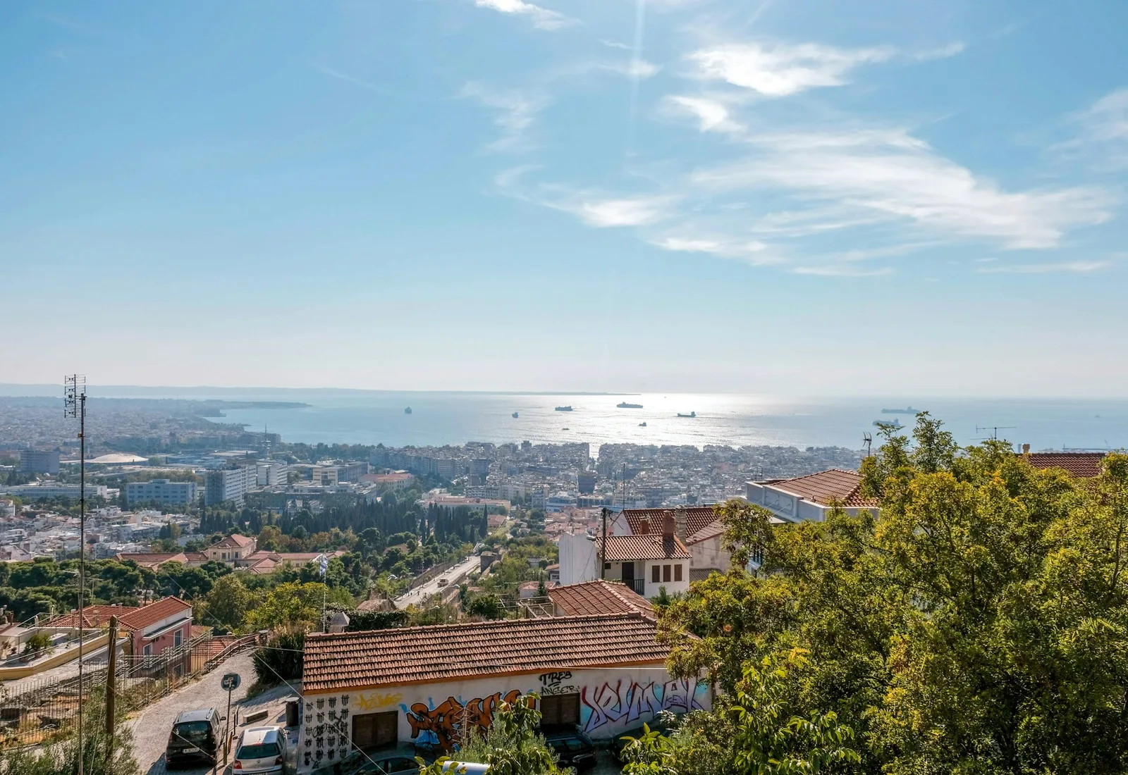 View over Thessaloniki to the Thermaic Gulf, with ships out on the water
