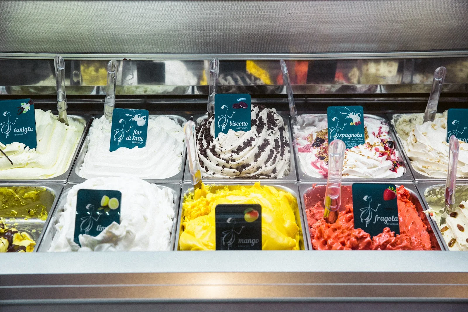 A display case of colourful gelato flavours at Bombolo on Mitropoleos, Thessaloniki