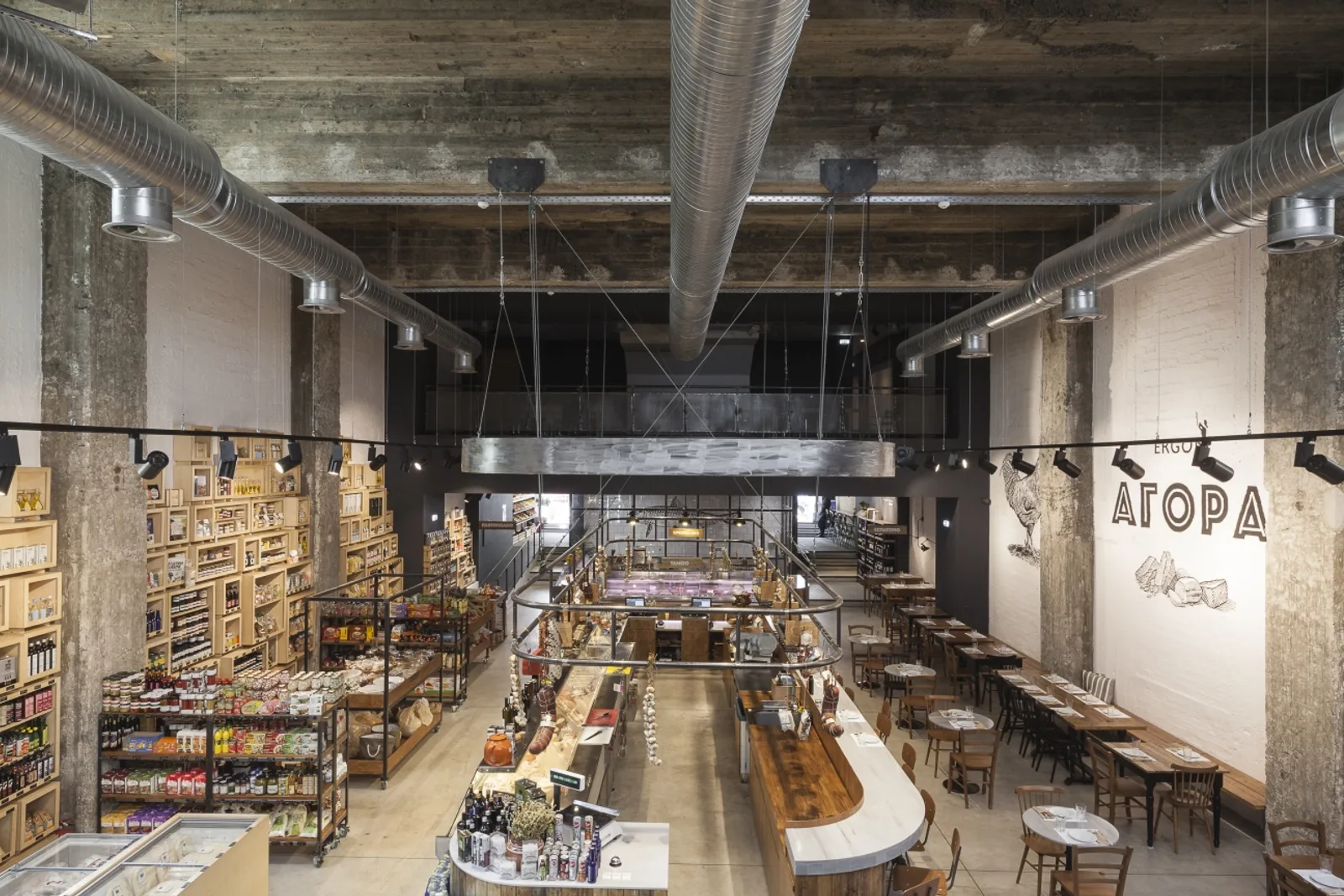 Deli counter and dining area at Ergon Agora in central Thessaloniki