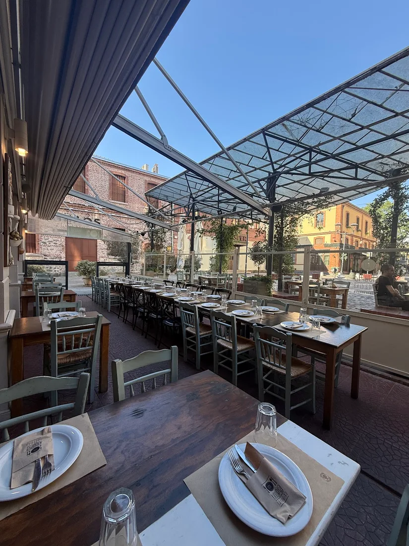 The glass-roofed terrace of Kioupia set among the brick buildings near Valaoritou, Thessaloniki